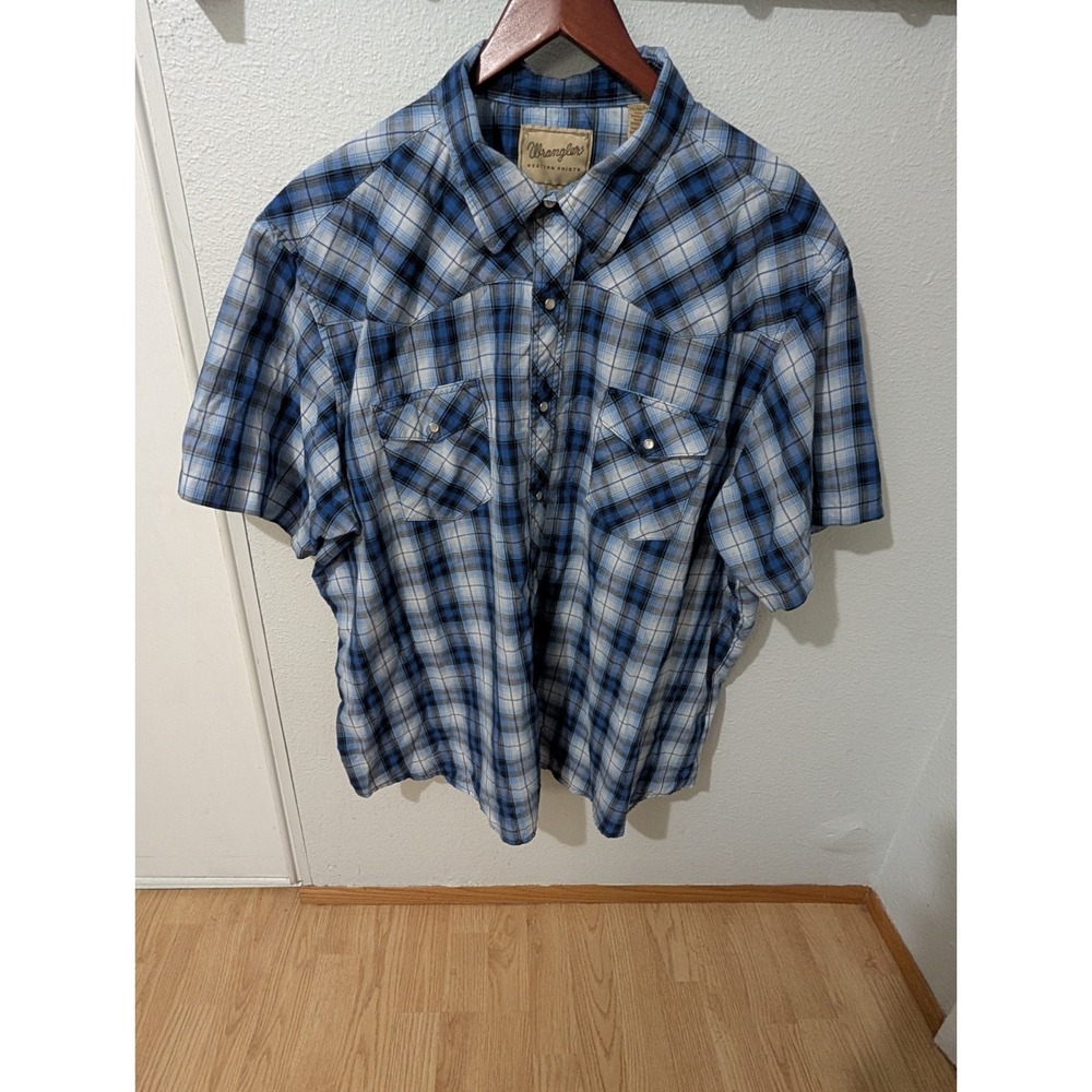 Wrangler Western Shirt Short Sleeve Button Down Blue Plaid Pearl Snaps Size 3X